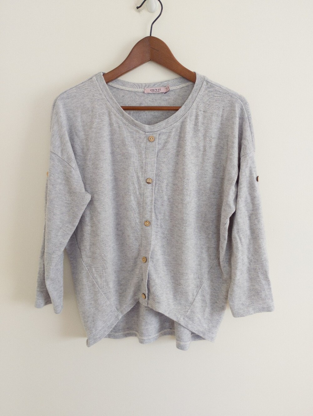 OWN IT. Made in Italy Grey Button Front Drop Shoulder Knit Top XS